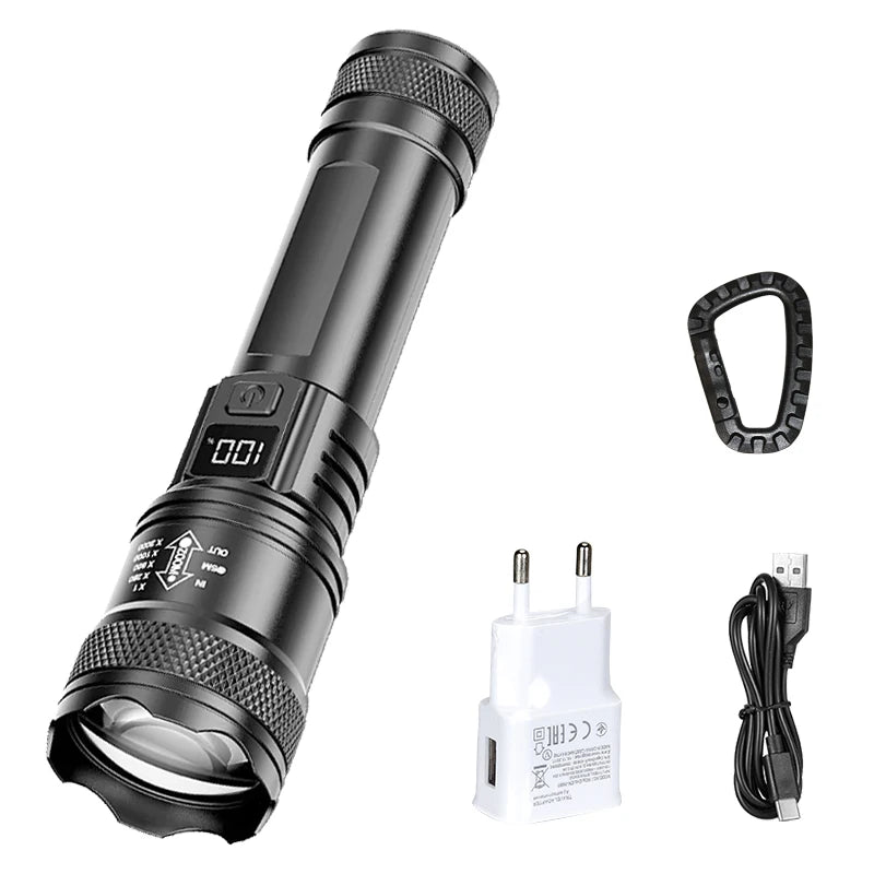 High Strong Power Led Flashlights 2000LM Tactical Torch with Display Light USB Charging Camping Fishing Emergency Zoom Lantern