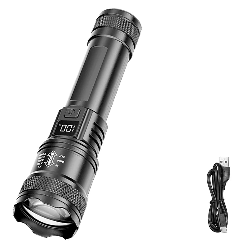 High Strong Power Led Flashlights 2000LM Tactical Torch with Display Light USB Charging Camping Fishing Emergency Zoom Lantern