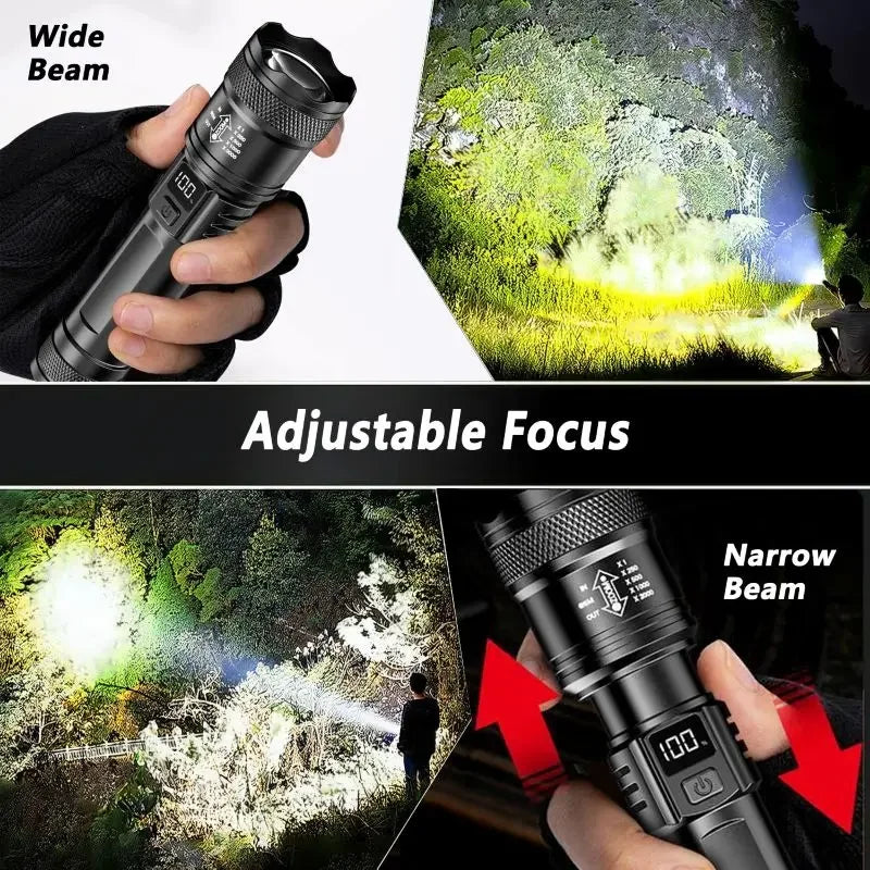 High Strong Power Led Flashlights 2000LM Tactical Torch with Display Light USB Charging Camping Fishing Emergency Zoom Lantern