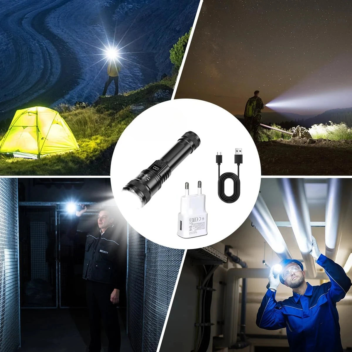 High Strong Power Led Flashlights 2000LM Tactical Torch with Display Light USB Charging Camping Fishing Emergency Zoom Lantern