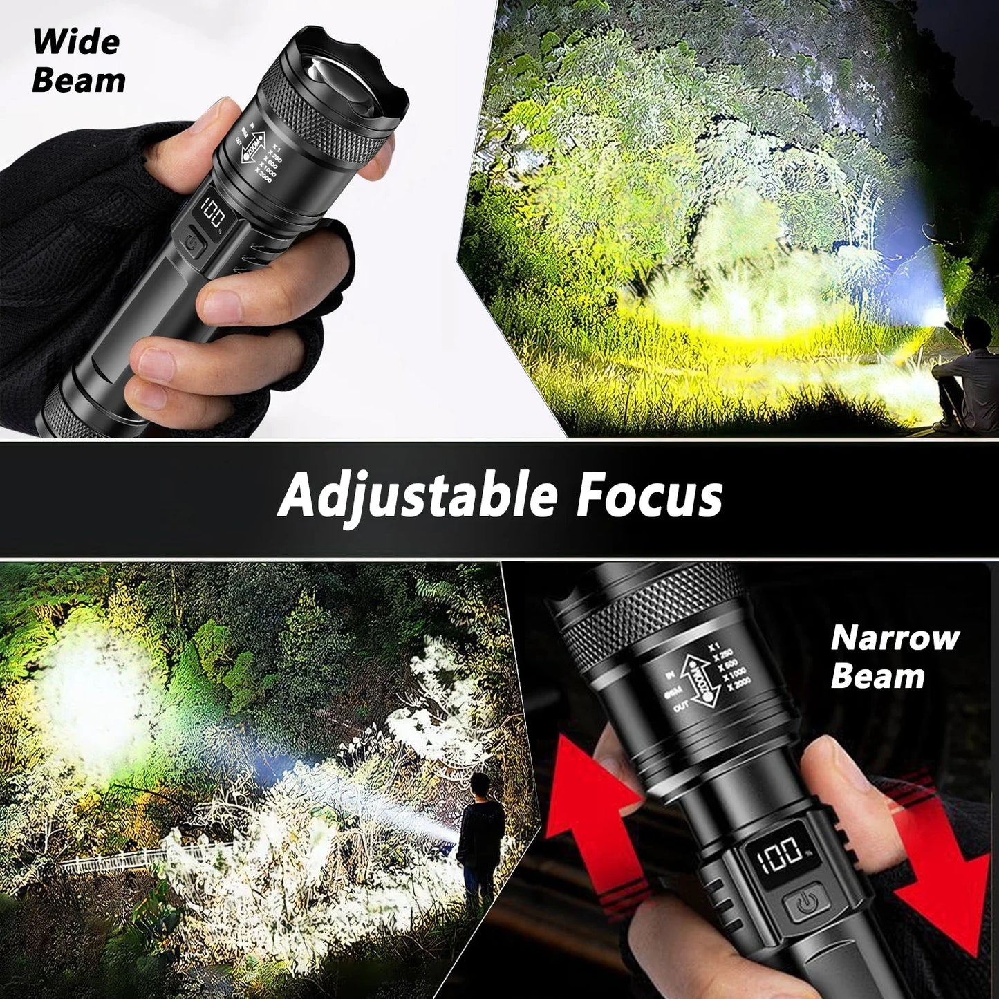 High Strong Power Led Flashlights 2000LM Tactical Torch with Display Light USB Charging Camping Fishing Emergency Zoom Lantern
