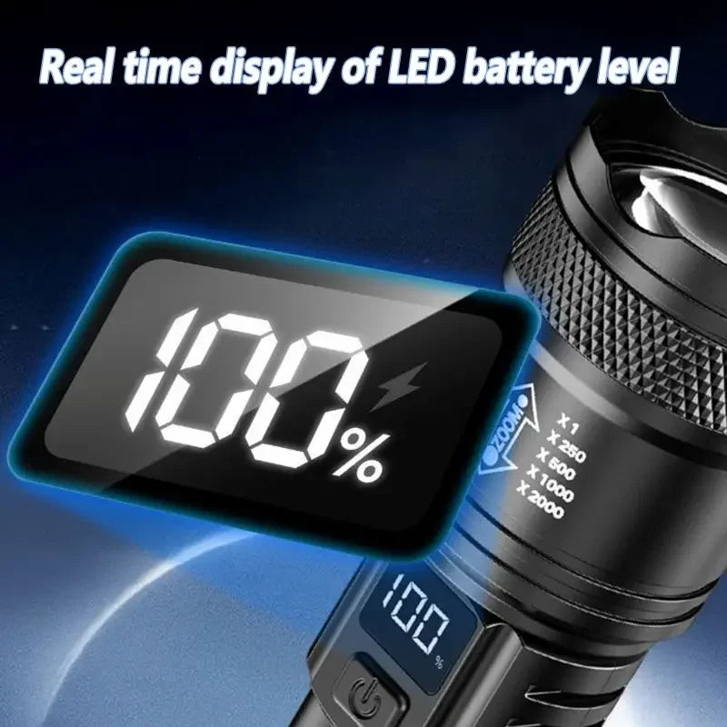 High Strong Power Led Flashlights 2000LM Tactical Torch with Display Light USB Charging Camping Fishing Emergency Zoom Lantern
