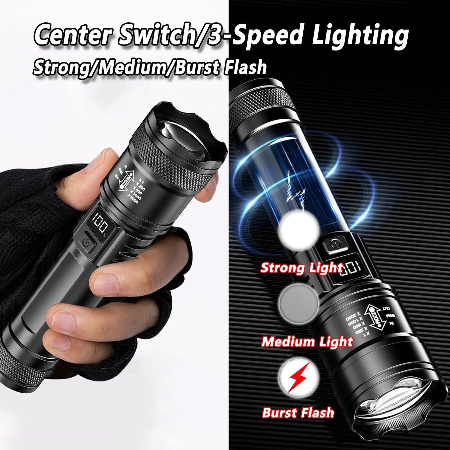 High Strong Power Led Flashlights 2000LM Tactical Torch with Display Light USB Charging Camping Fishing Emergency Zoom Lantern