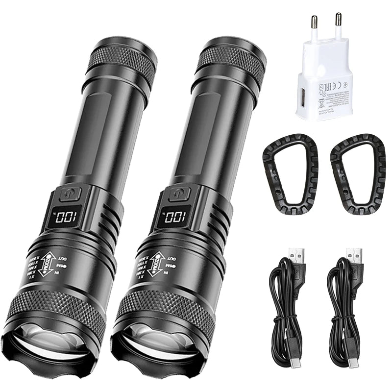 High Strong Power Led Flashlights 2000LM Tactical Torch with Display Light USB Charging Camping Fishing Emergency Zoom Lantern