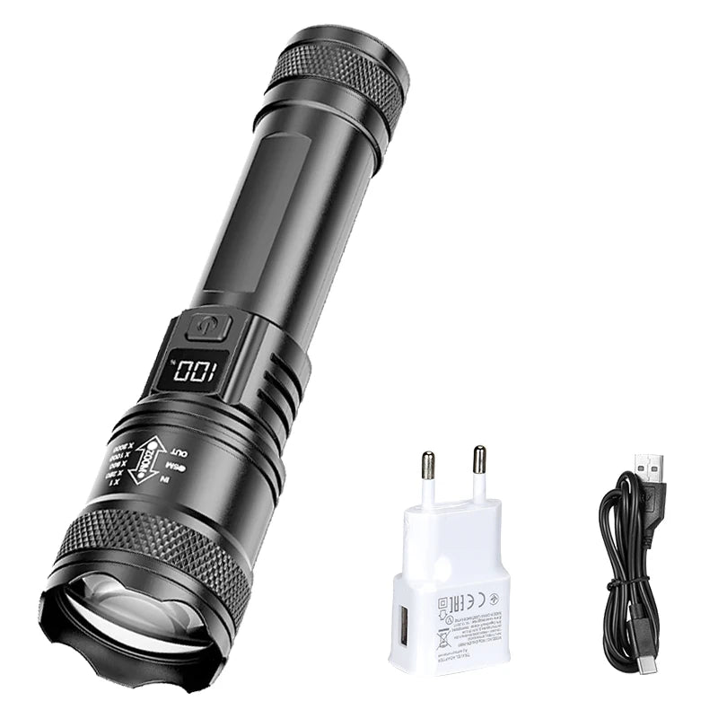 High Strong Power Led Flashlights 2000LM Tactical Torch with Display Light USB Charging Camping Fishing Emergency Zoom Lantern